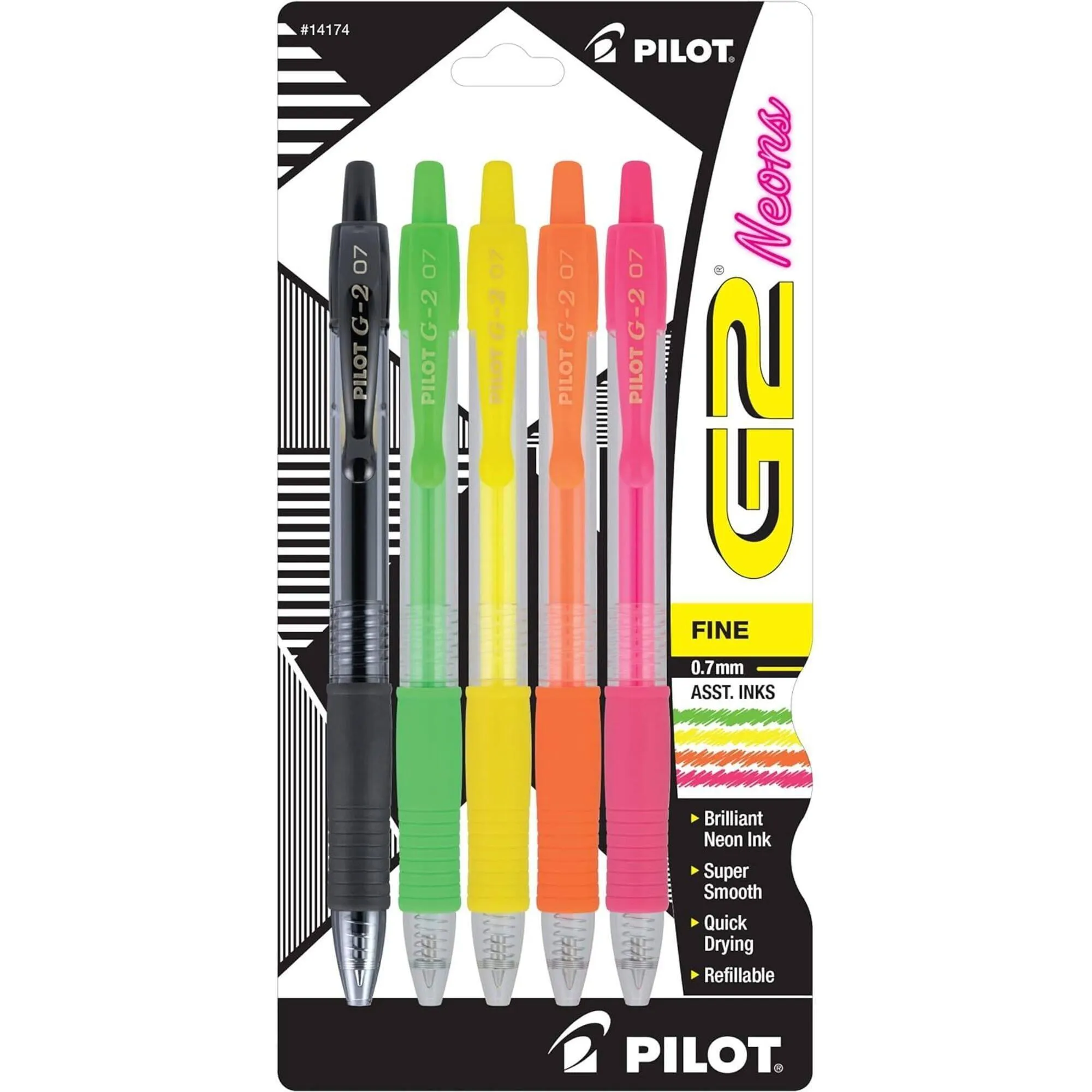 Pilot Gel Pen - G2 Assorted Neon Ink Fine 0.7 mm Retractable, Pack of 5 | 14174