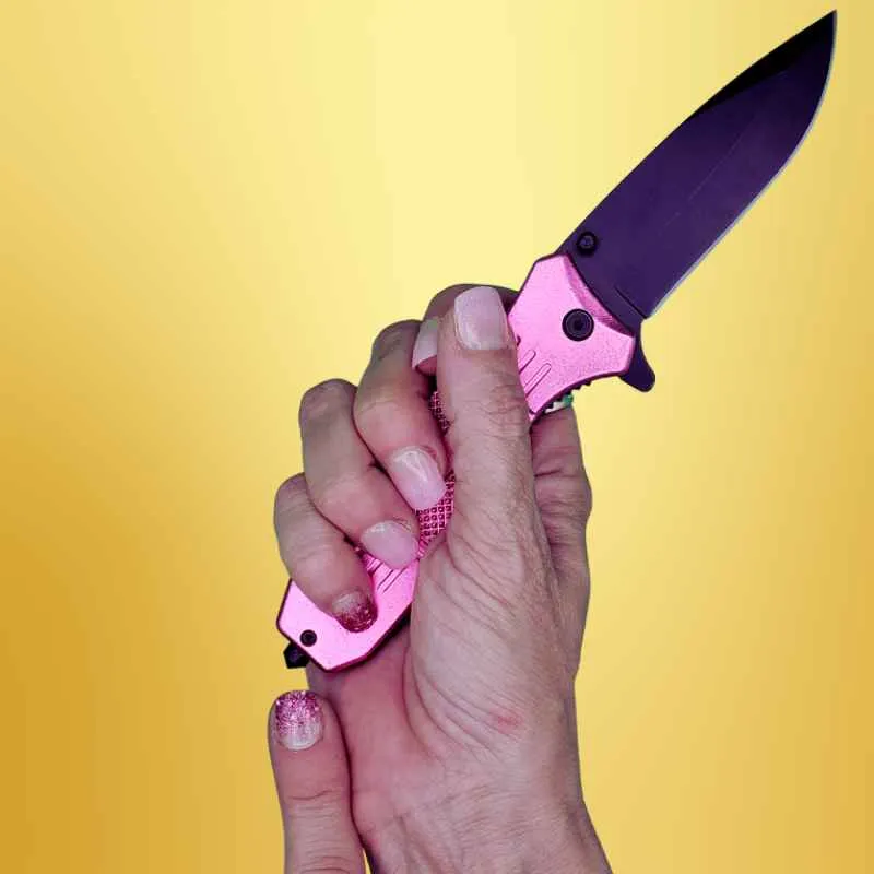 Pink Seatbelt Cutter & Glass Break Survival Drop Point Blade Knife