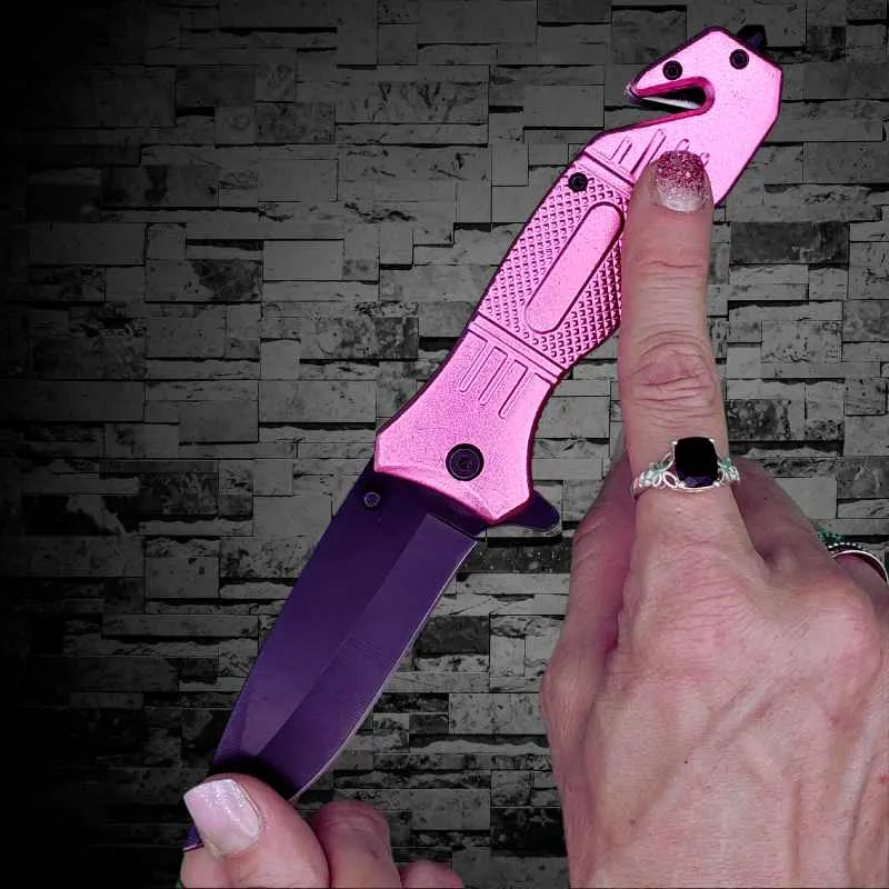 Pink Seatbelt Cutter & Glass Break Survival Drop Point Blade Knife