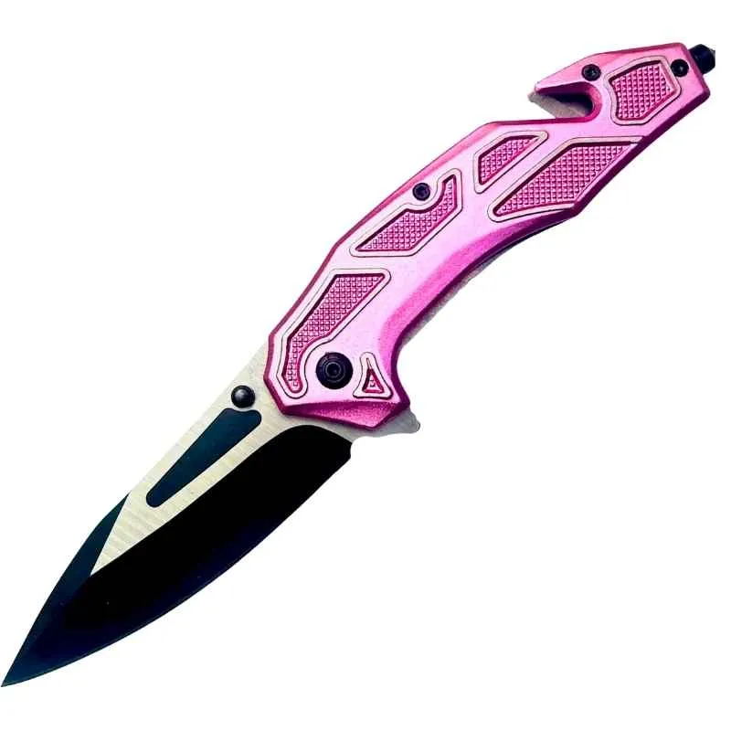 Pink Seatbelt Cutter & Glass Break Survival Drop Point Blade Knife