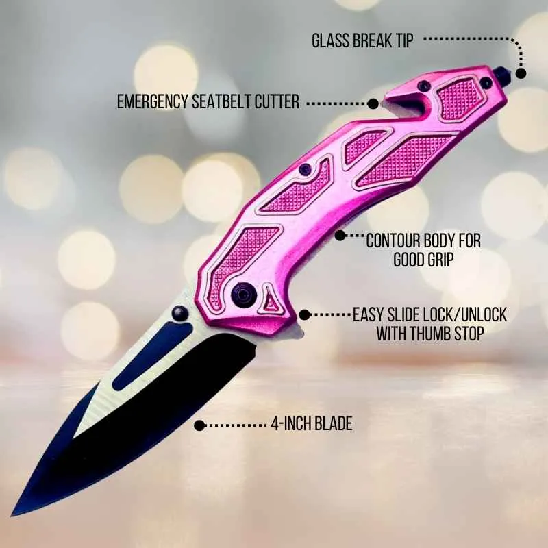 Pink Seatbelt Cutter & Glass Break Survival Drop Point Blade Knife