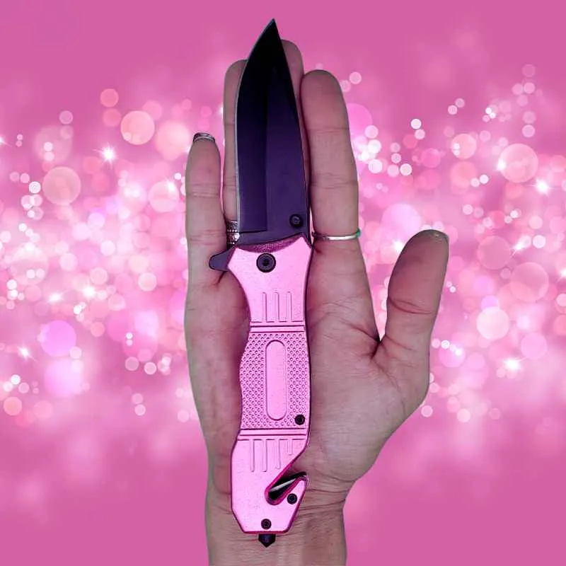 Pink Seatbelt Cutter & Glass Break Survival Drop Point Blade Knife