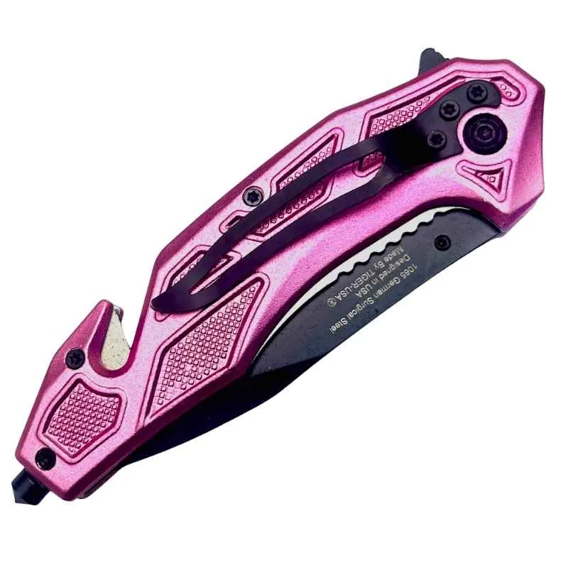 Pink Seatbelt Cutter & Glass Break Survival Drop Point Blade Knife