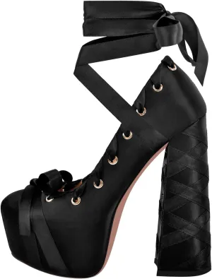 Platform Heels Chunky Bow Ribbon Pumps