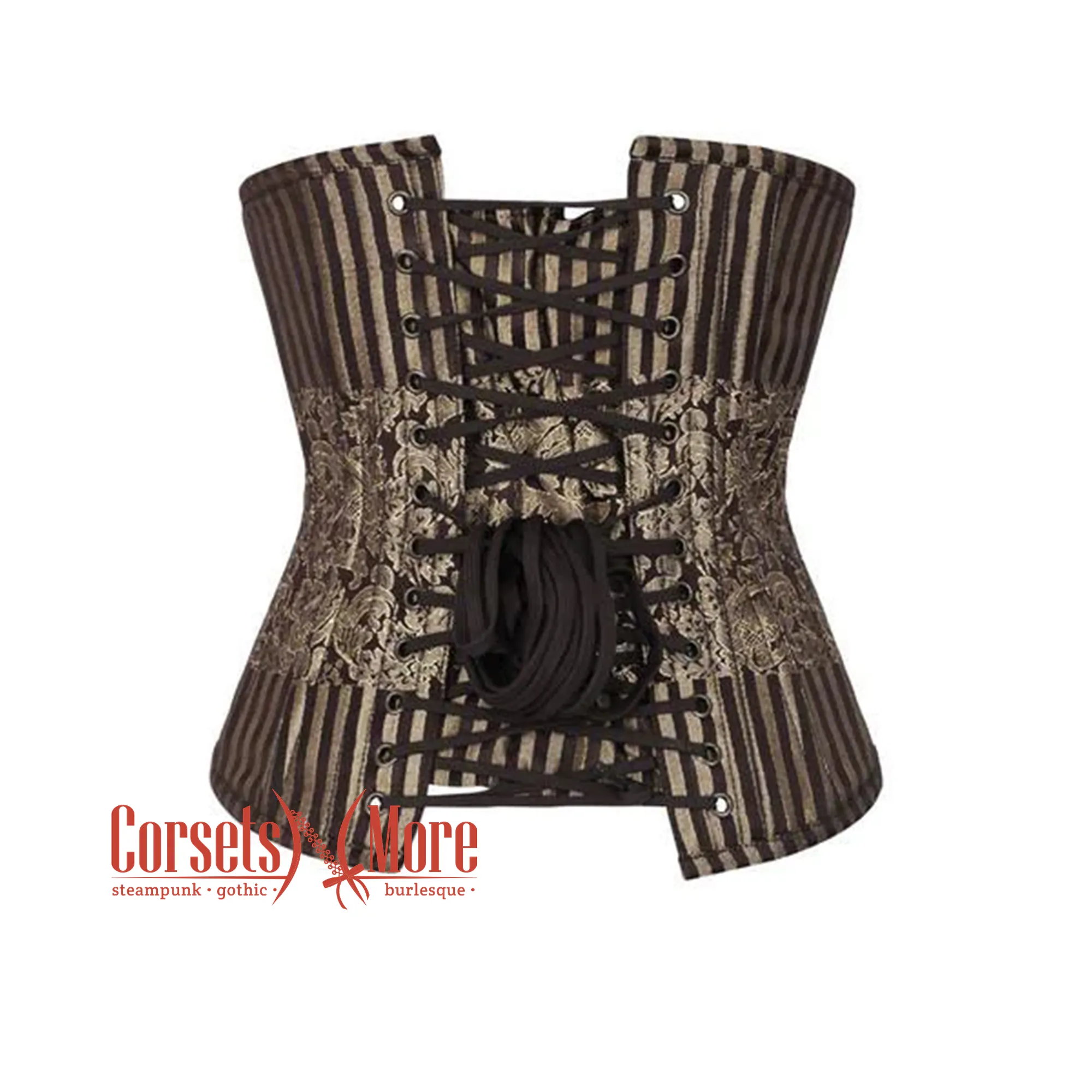 Plus Size Brown and Golden Brocade With Front Silver Busk Gothic Long Underbust  Corset