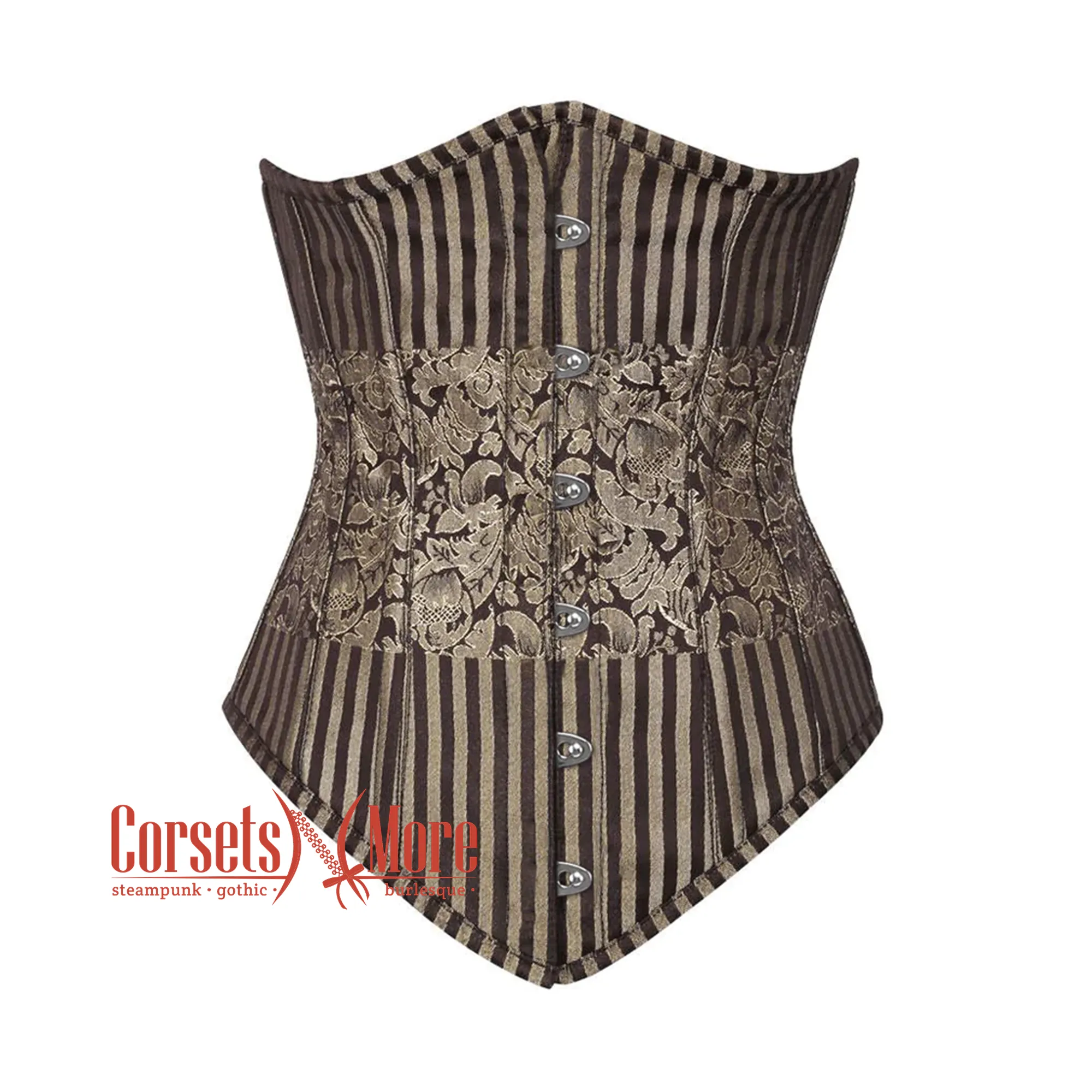 Plus Size Brown and Golden Brocade With Front Silver Busk Gothic Long Underbust  Corset