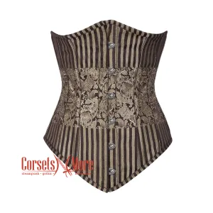 Plus Size Brown and Golden Brocade With Front Silver Busk Gothic Long Underbust  Corset