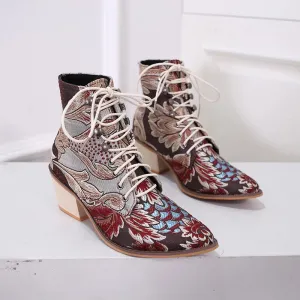 Pointed-Toe Embroidery Ethnic Boots for Women – Low-Heel Red Platform Pumps, Modern Designer Plus Size Banquet Shoes