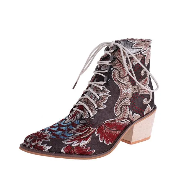 Pointed-Toe Embroidery Ethnic Boots for Women – Low-Heel Red Platform Pumps, Modern Designer Plus Size Banquet Shoes