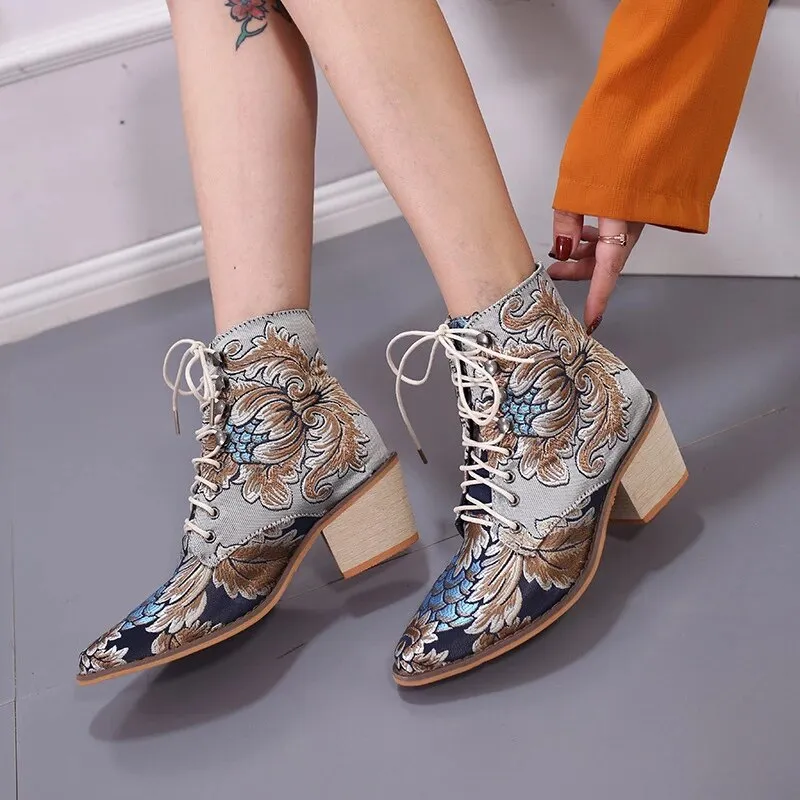 Pointed-Toe Embroidery Ethnic Boots for Women – Low-Heel Red Platform Pumps, Modern Designer Plus Size Banquet Shoes