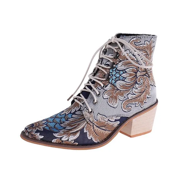 Pointed-Toe Embroidery Ethnic Boots for Women – Low-Heel Red Platform Pumps, Modern Designer Plus Size Banquet Shoes