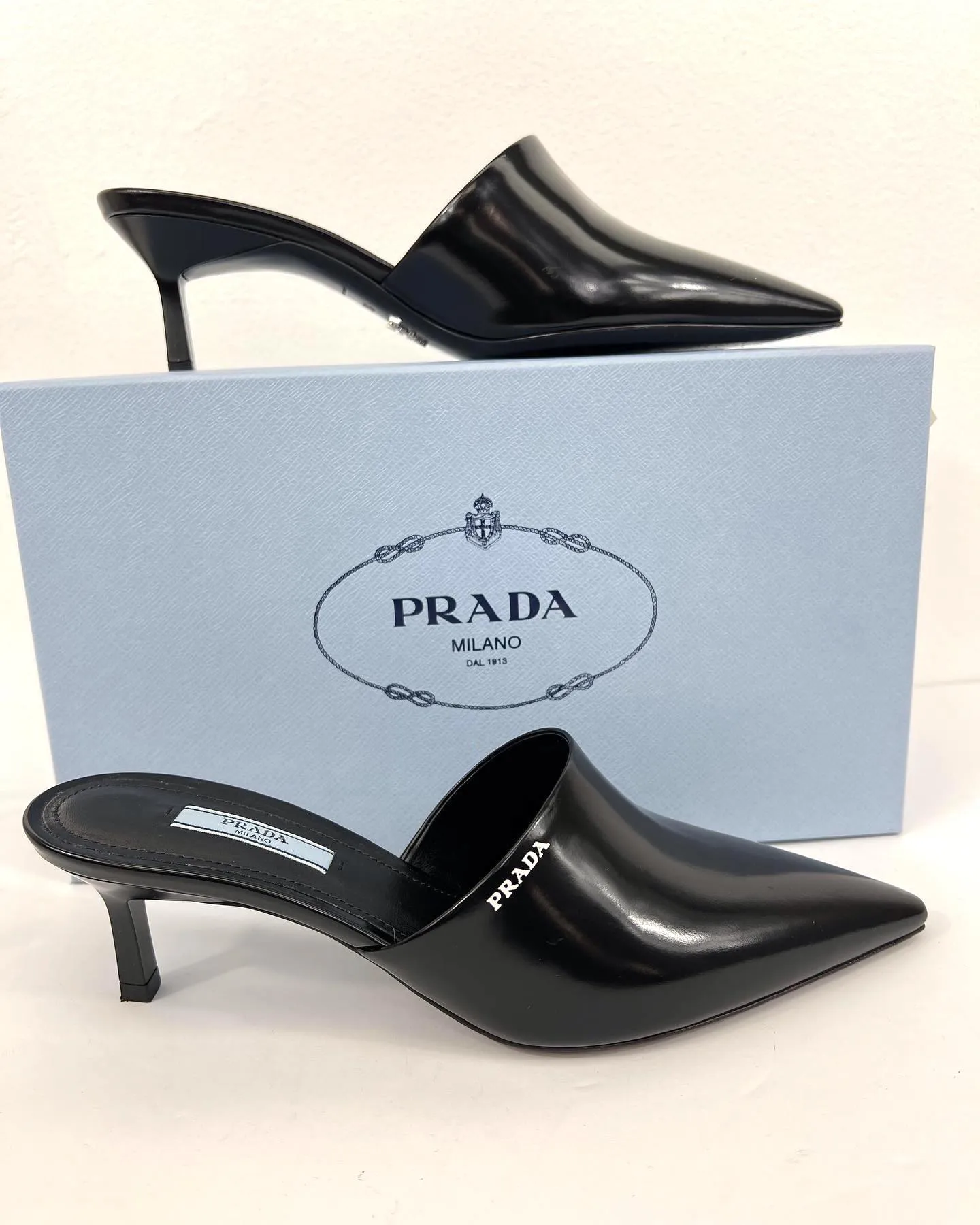 PRADA POINTED TOE MID HEEL MULES