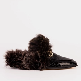 The Izmir Black Patent Leather Natural Fur Women Slipper molded Rock Walk
