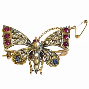 Rare White Natural Pearl, Diamond, Ruby & Sapphire 'Butterfly' Brooch