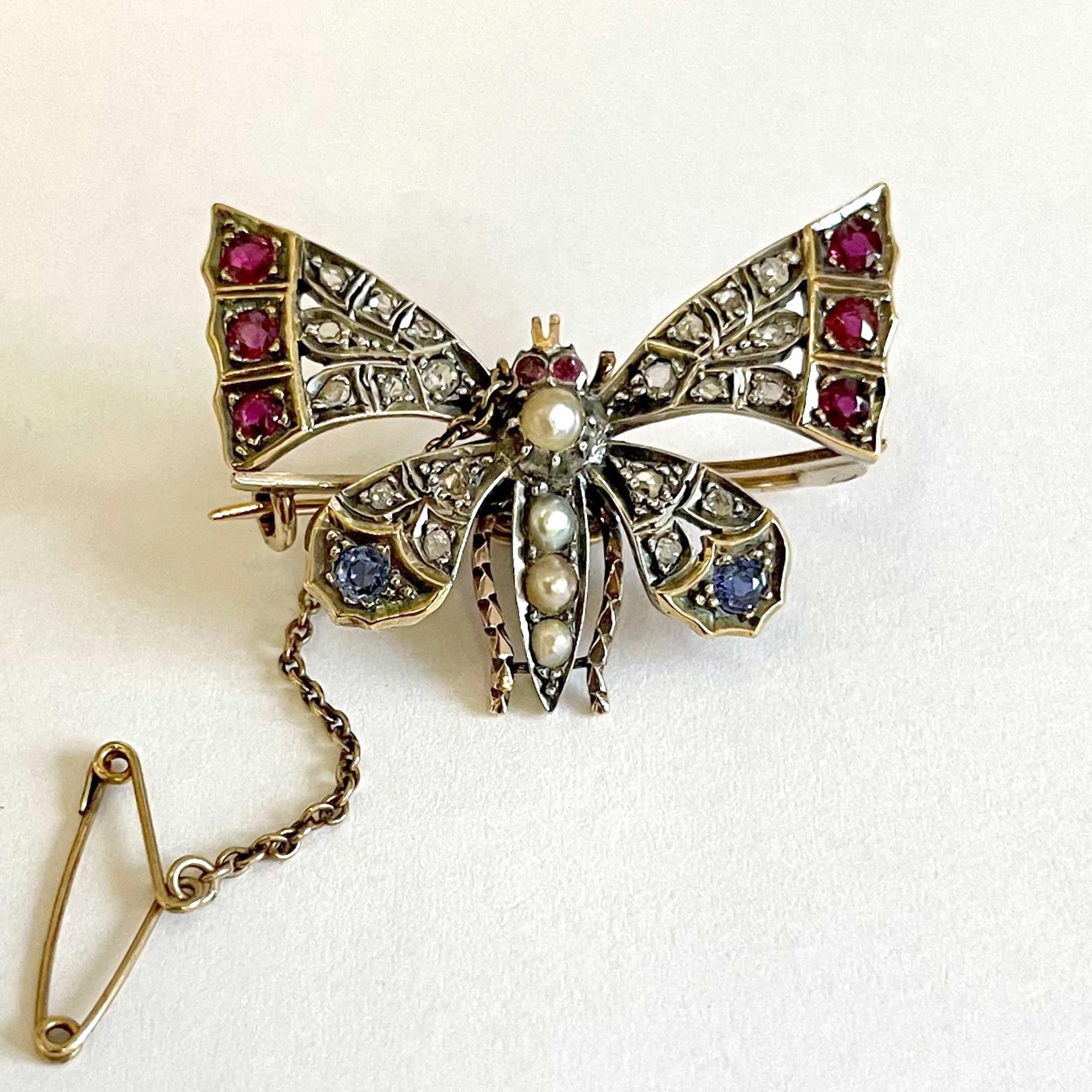 Rare White Natural Pearl, Diamond, Ruby & Sapphire 'Butterfly' Brooch