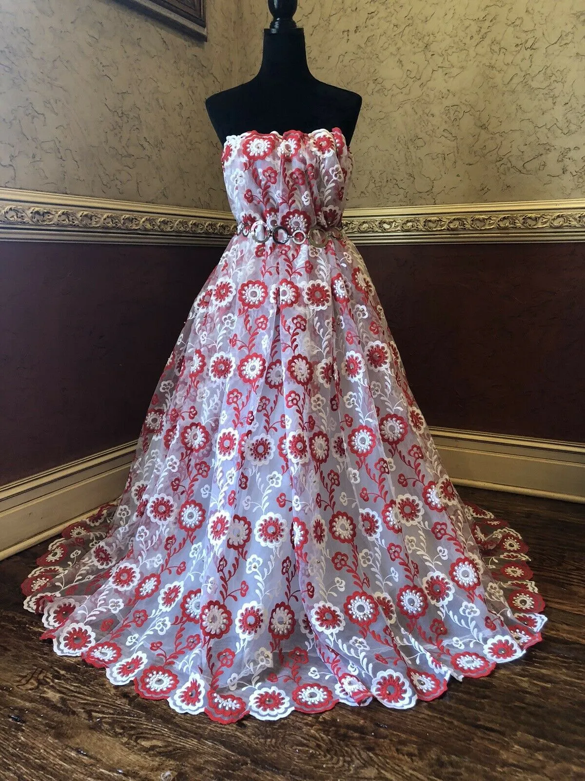 Red and White Floral Embroidered Lace Fabric with Rhinestones