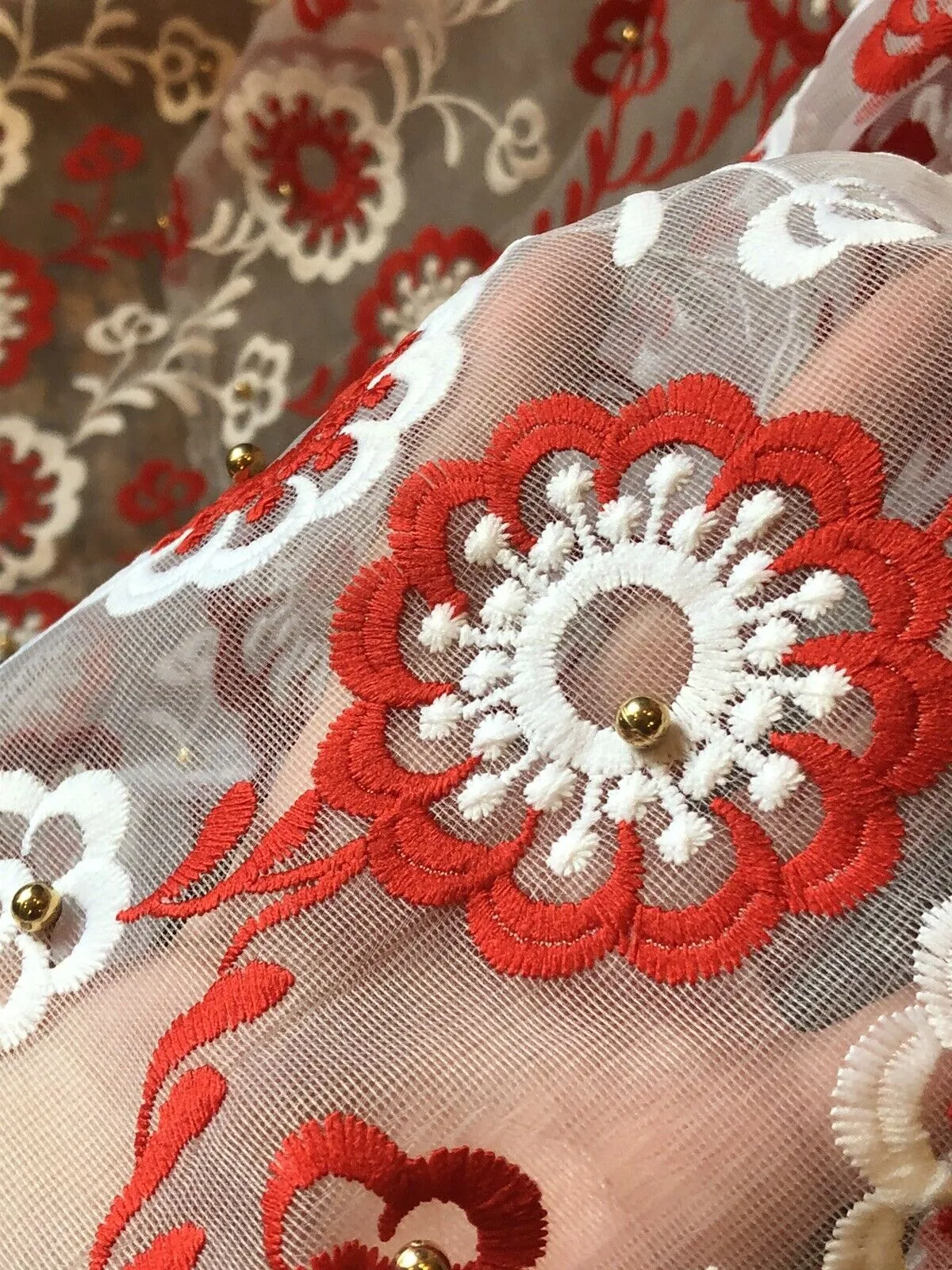 Red and White Floral Embroidered Lace Fabric with Rhinestones