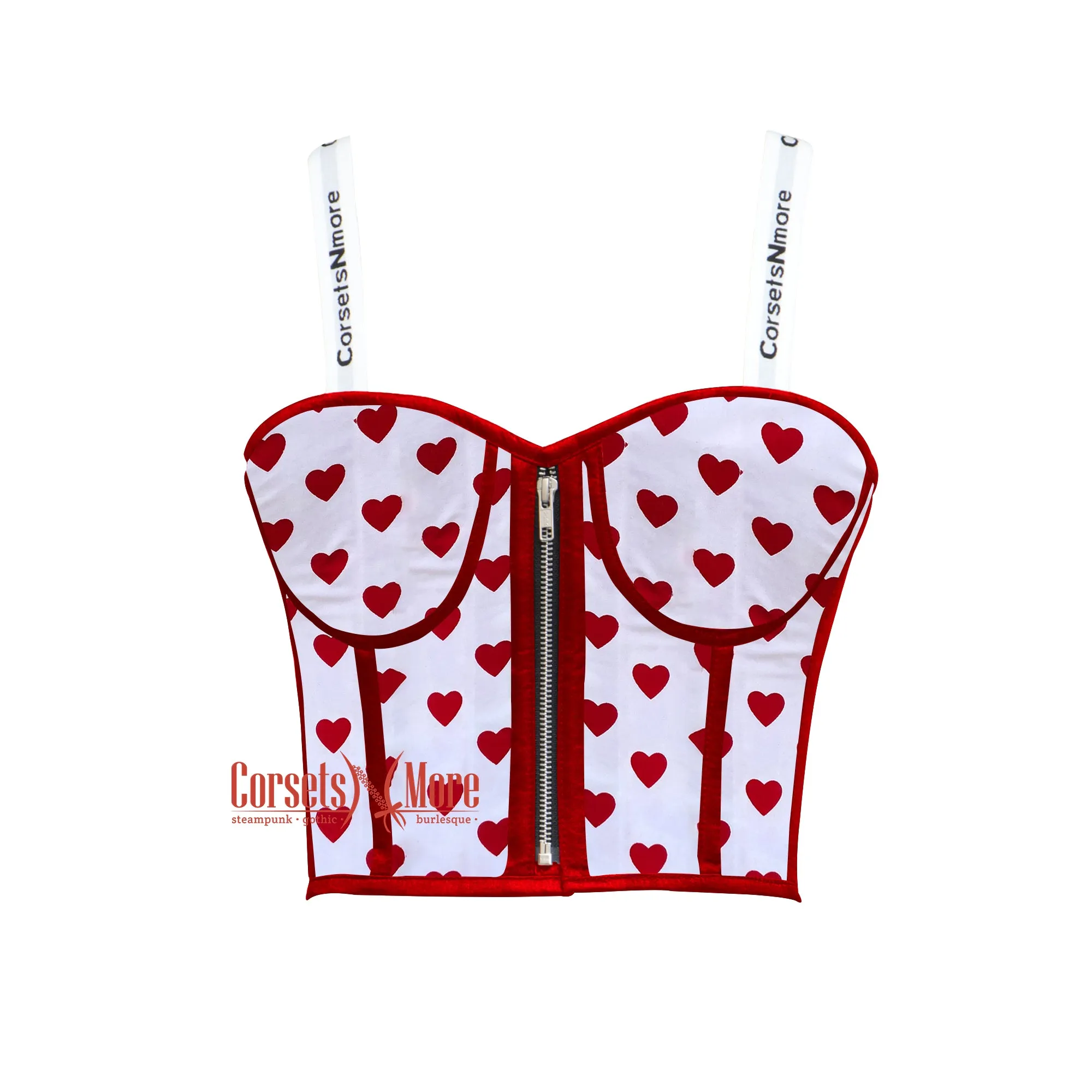 Red Hearts Printed Cotton Crop Corset Overbust Bustier Steampunk Valentine Costume