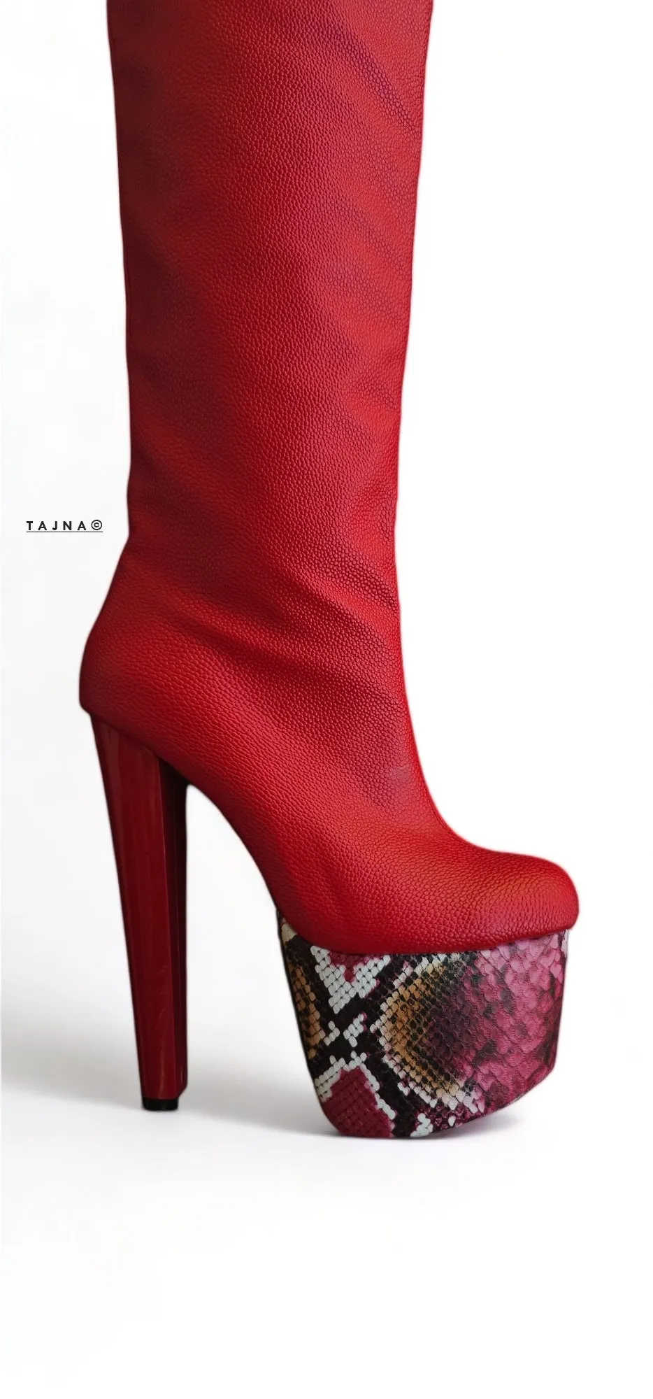 Red Knee High Snake Print Detailed Chunky High Heel Boots