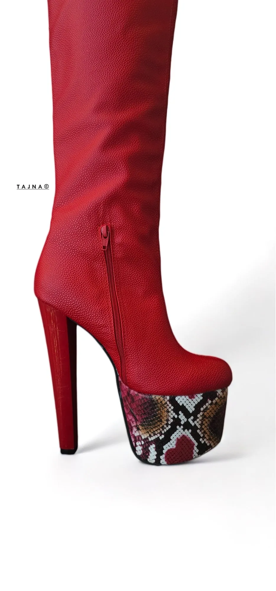 Red Knee High Snake Print Detailed Chunky High Heel Boots