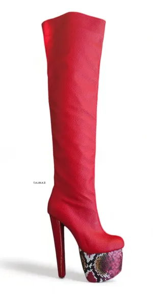 Red Knee High Snake Print Detailed Chunky High Heel Boots