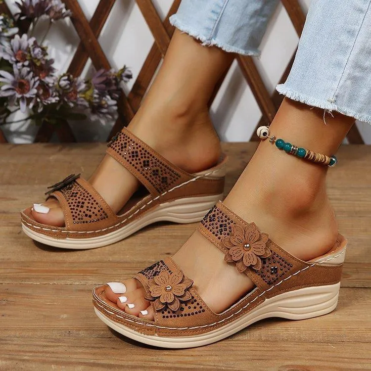 Retro flower wedge heels slides for summer vacation