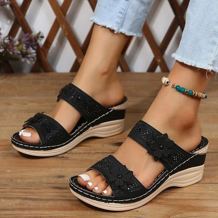 Retro flower wedge heels slides for summer vacation