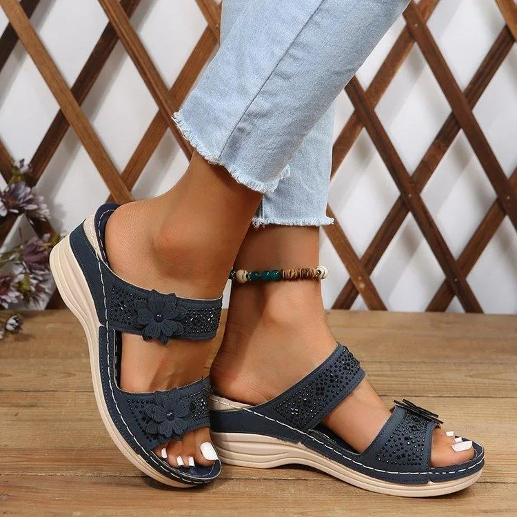 Retro flower wedge heels slides for summer vacation