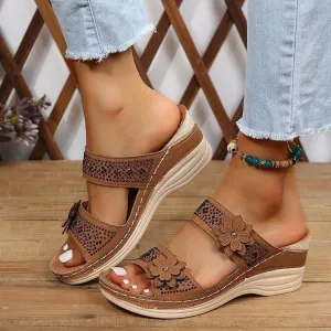 Retro flower wedge heels slides for summer vacation
