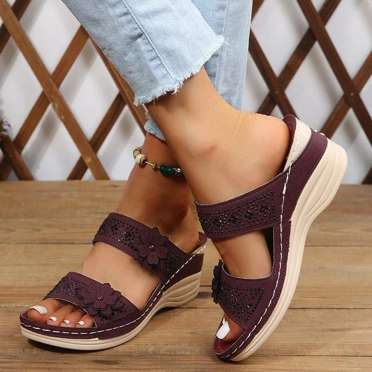 Retro flower wedge heels slides for summer vacation