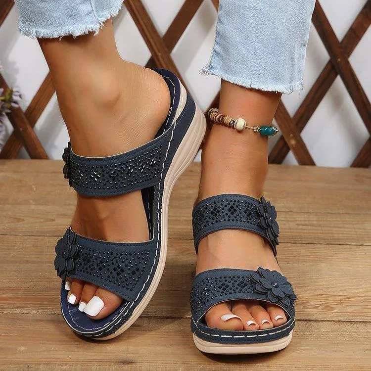 Retro flower wedge heels slides for summer vacation