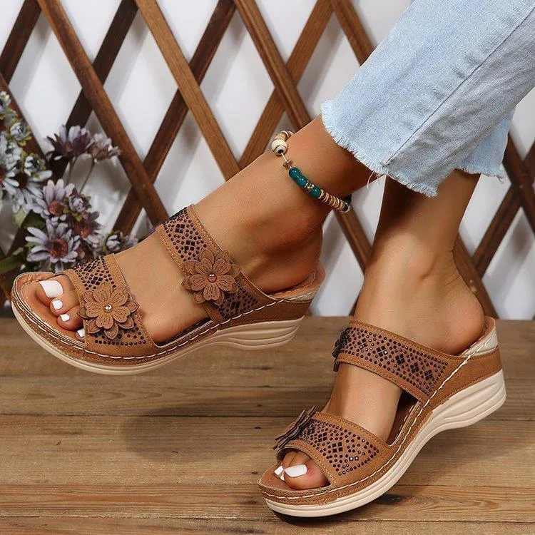 Retro flower wedge heels slides for summer vacation
