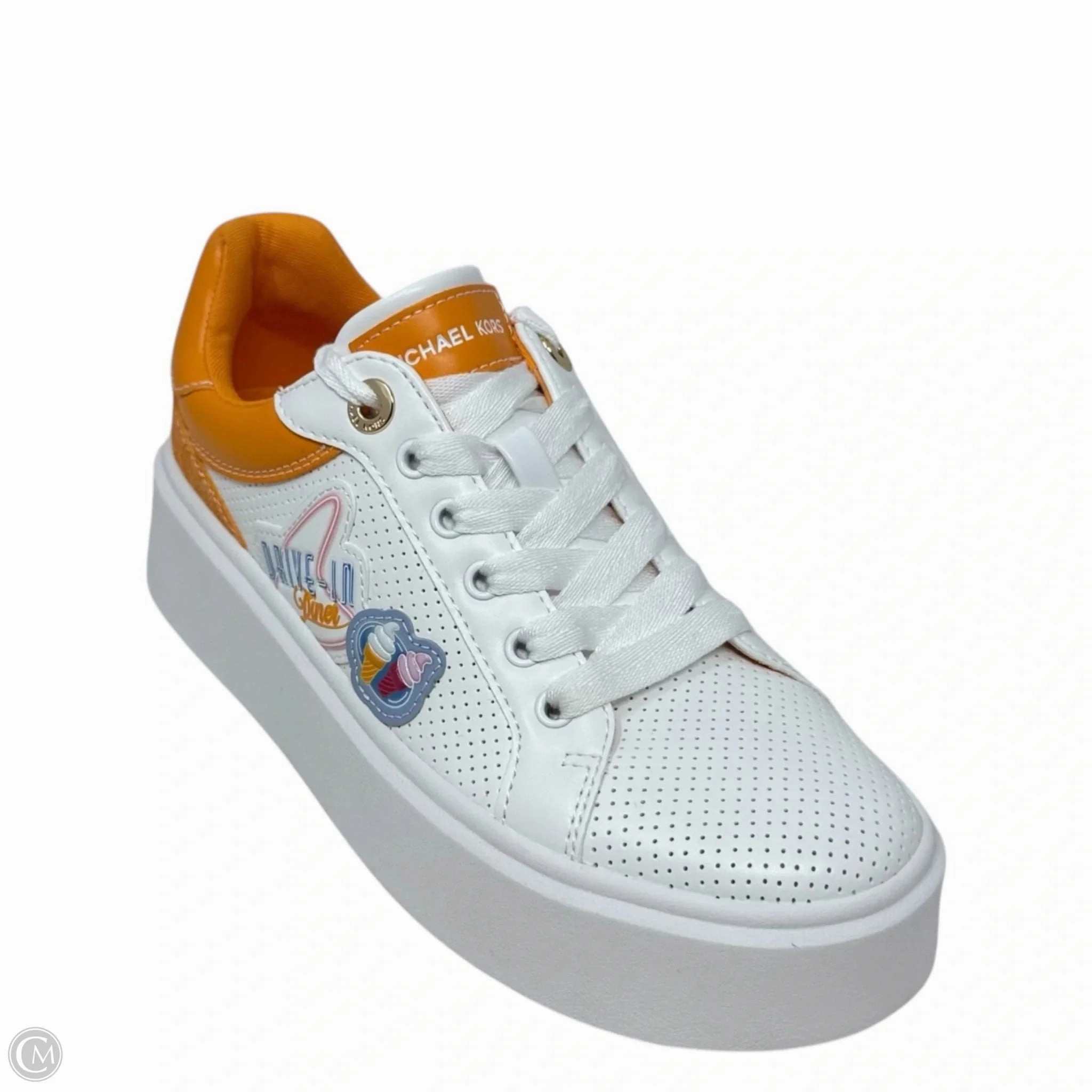 Performance Step Even Pressure Romey Embellished Mixed-Media Sneakers By Michael By Michael Kors In Orange & White, Size: 6.5