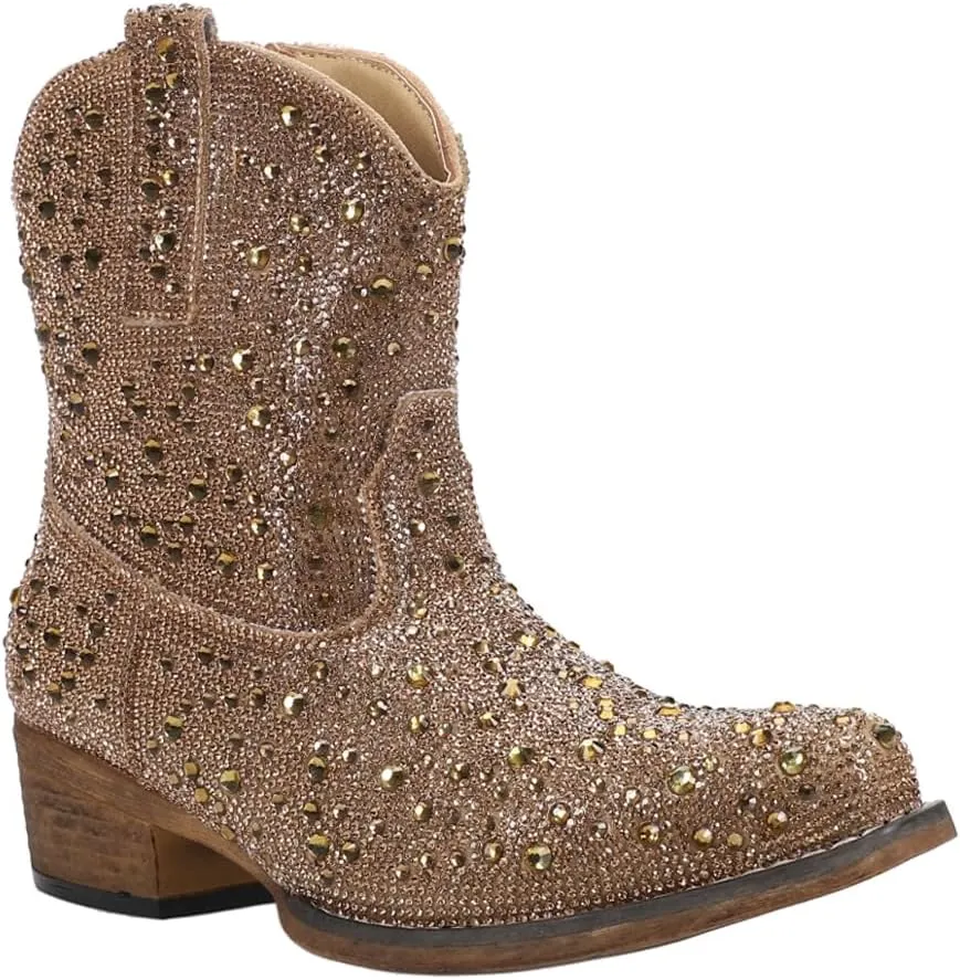 ROPER Womens Shay Jewells Rhinestone Snip Toe Casual Boots Ankle Low Heel 1-2" - Brown