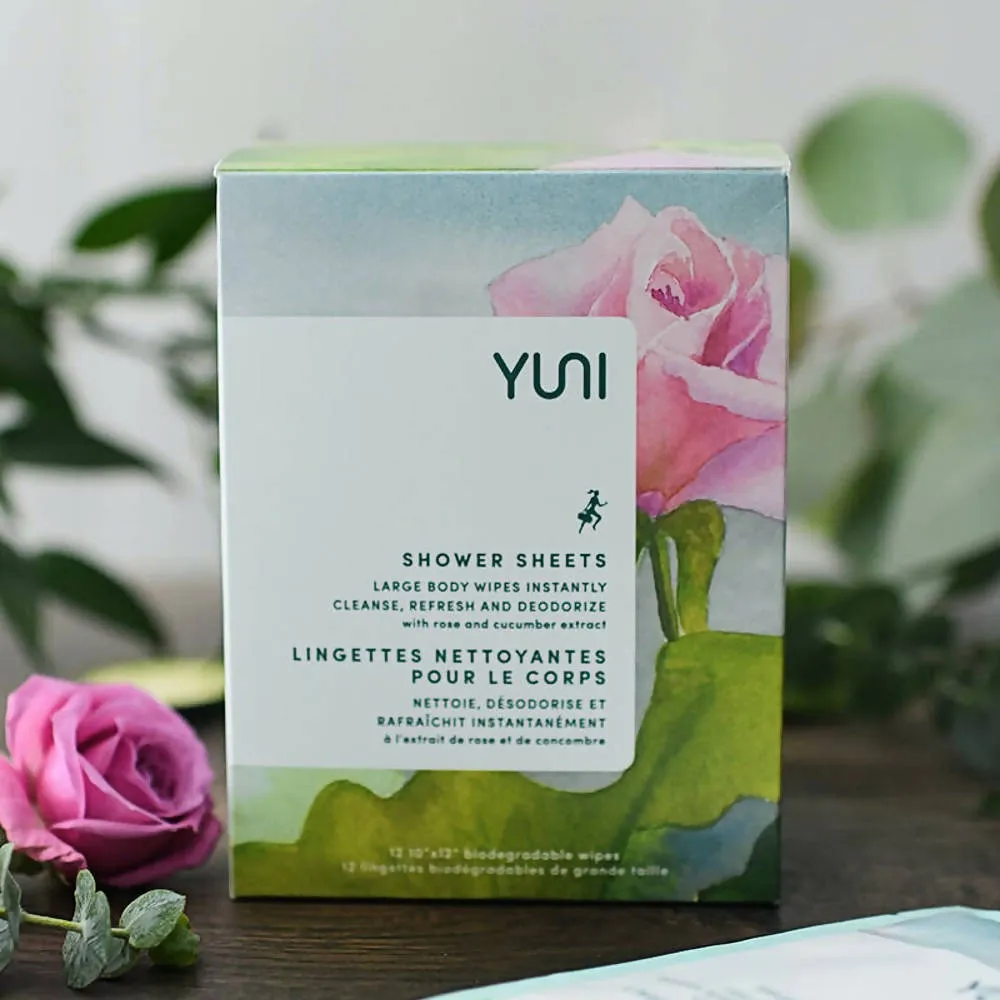 ROSE CUCUMBER SHOWER SHEETS Large 12 x 10 natural biodegradable Body Wipes - Box of 12