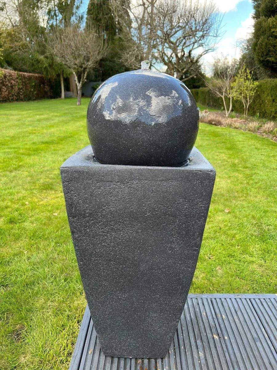 Round Ball On Vase Feature with LED Lights in Dark Grey - Solar Panel 84x33x33