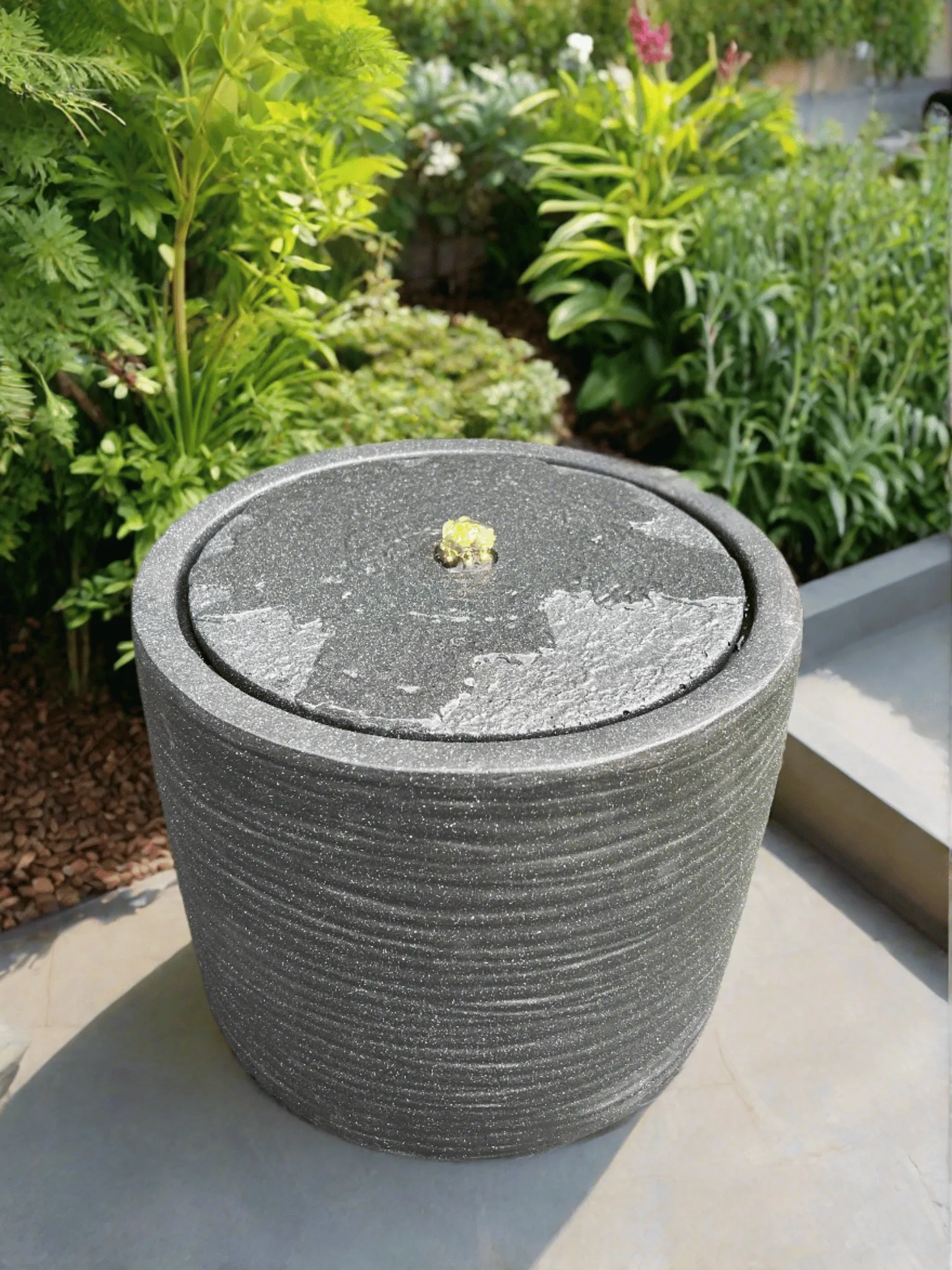 Round Water Feature with LED Lights - Plug Powered - Dark Grey 36x36x28cm