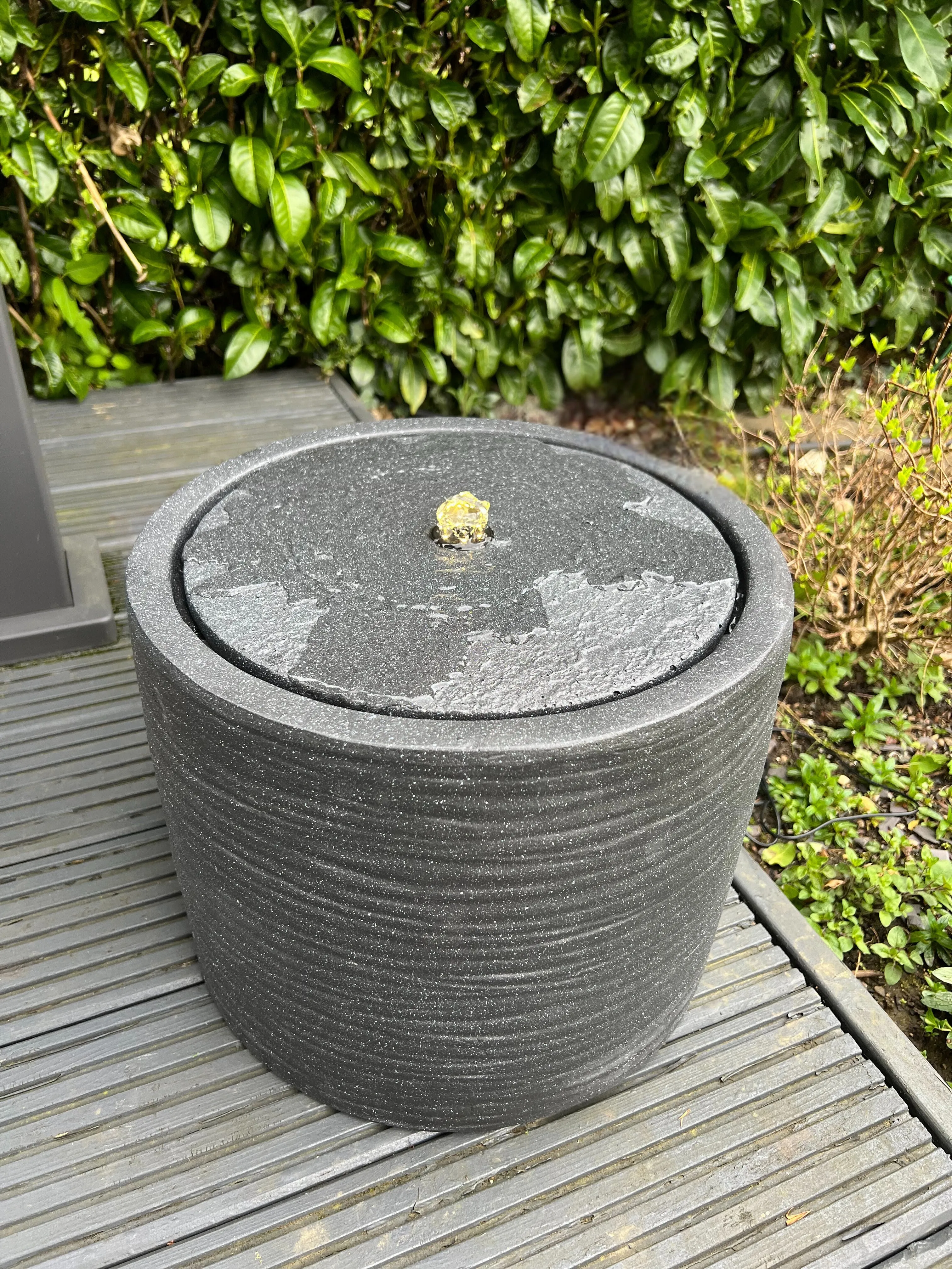 Round Water Feature with LED Lights - Plug Powered - Dark Grey 36x36x28cm