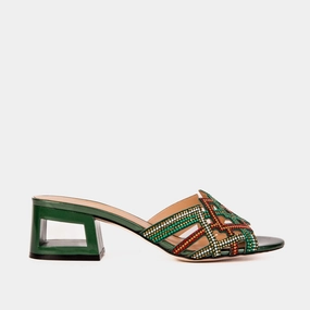 Gel Cushioning Long Step The Palma Green Glitter Leather Block Heel Women Sandal