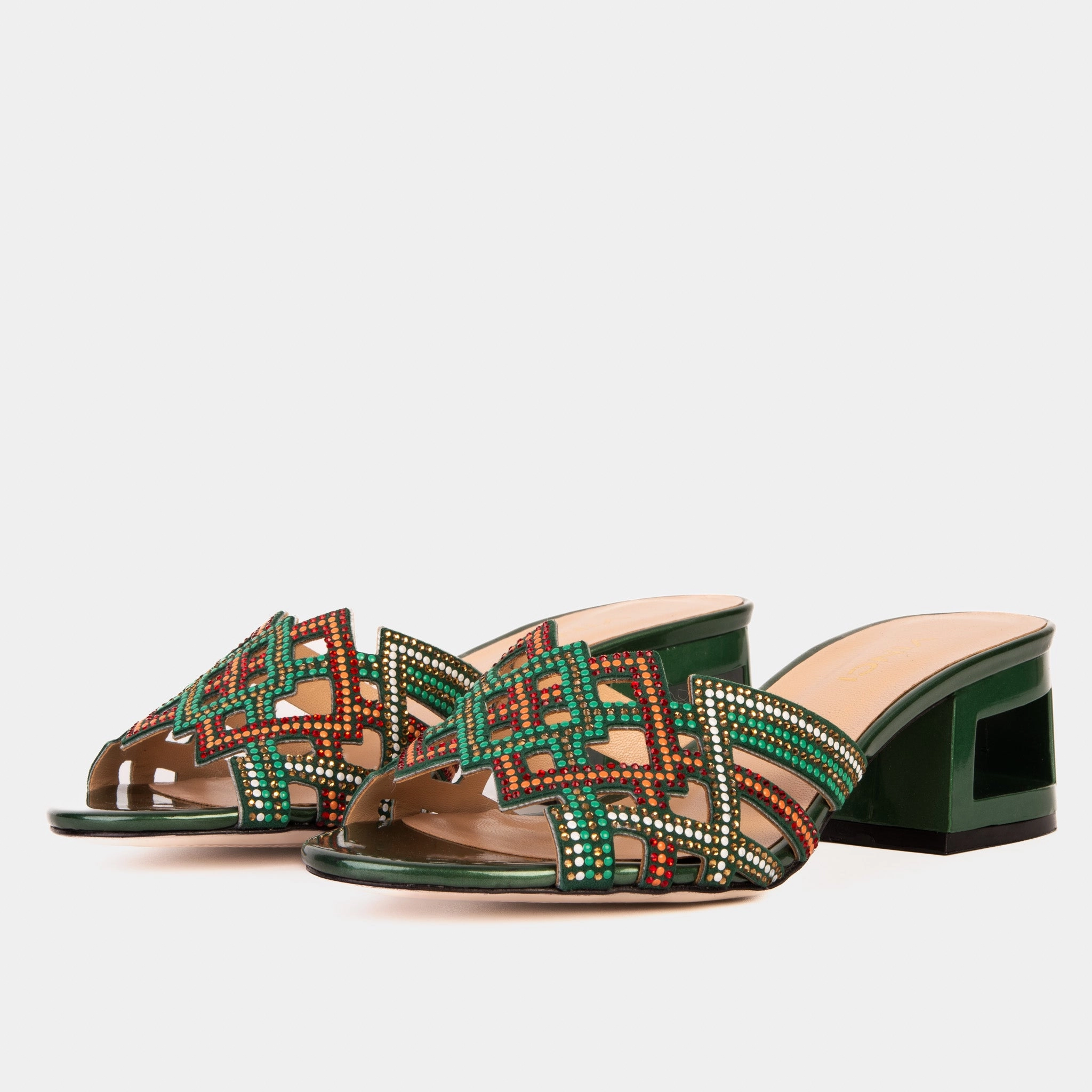 The Palma Green Glitter Leather Block Heel Women Sandal Textured Grip Surface