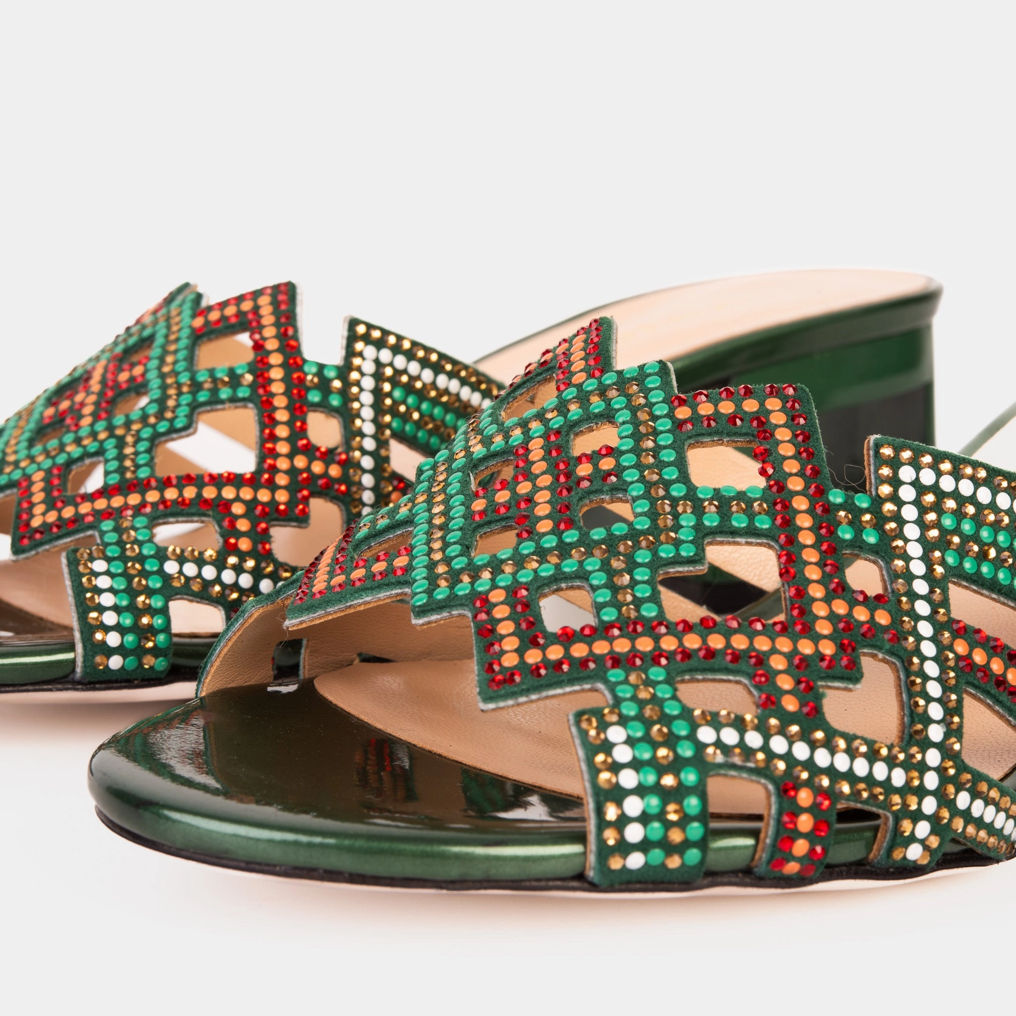 The Palma Green Glitter Leather Block Heel Women Sandal Closed back