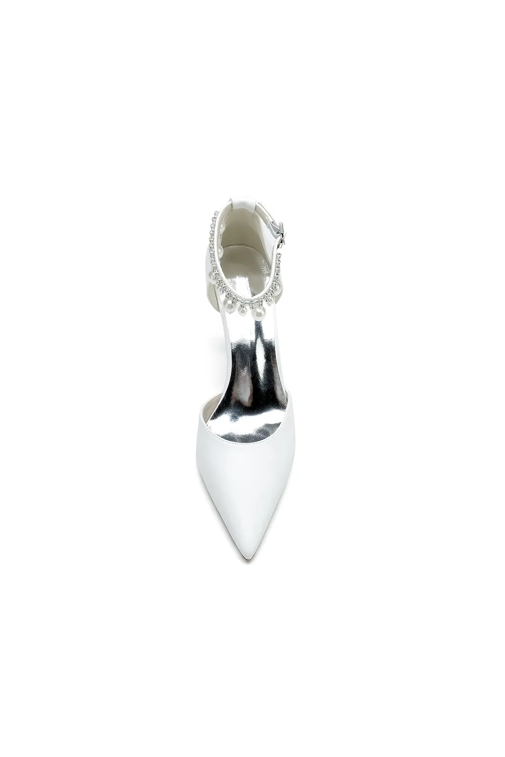 Satin Pointed Toe Pearl Beaded Ankle Strap Simple Wedding Shoes