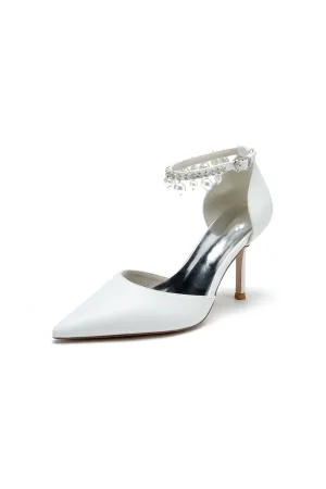 Satin Pointed Toe Pearl Beaded Ankle Strap Simple Wedding Shoes
