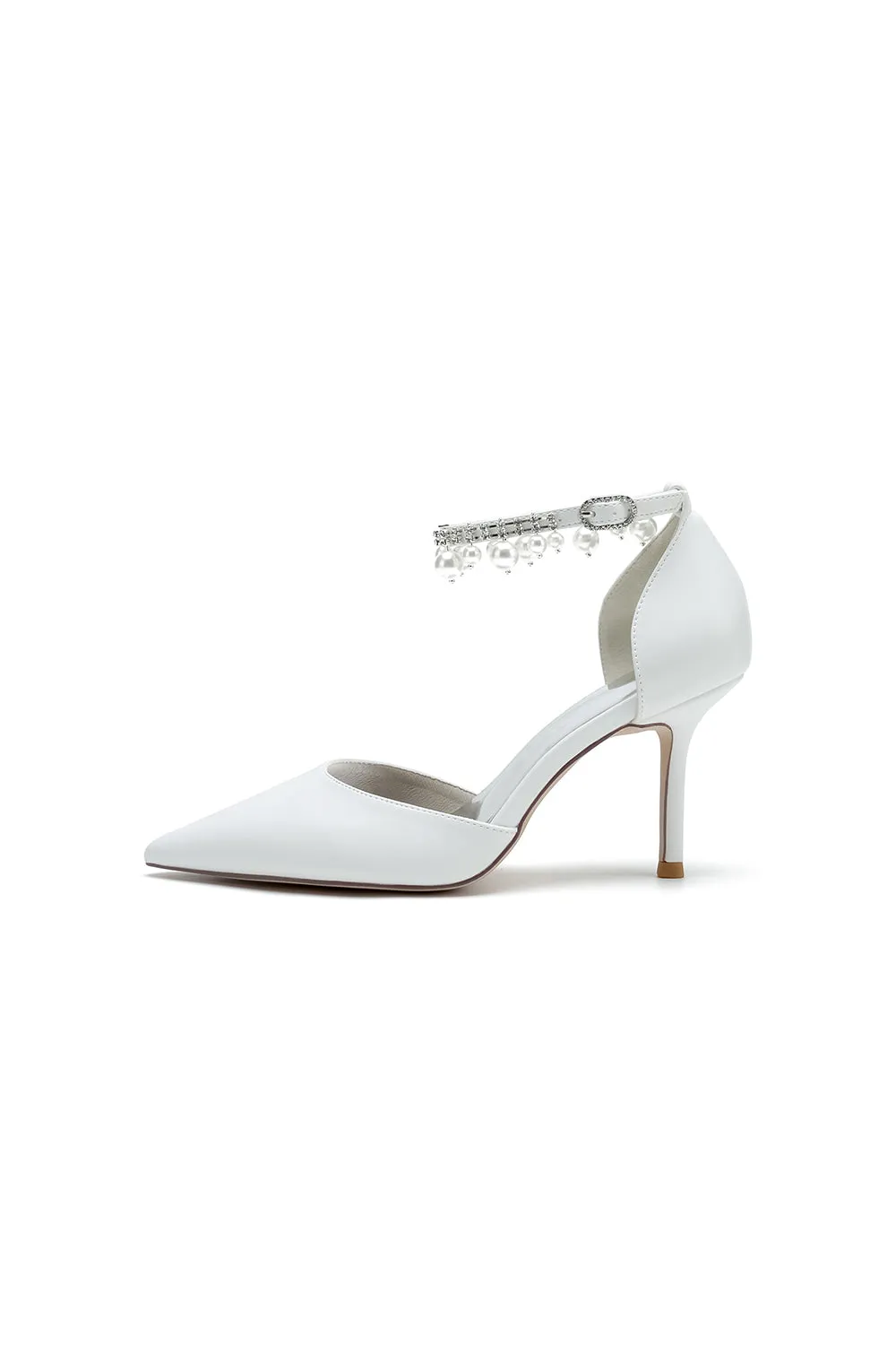 Satin Pointed Toe Pearl Beaded Ankle Strap Simple Wedding Shoes