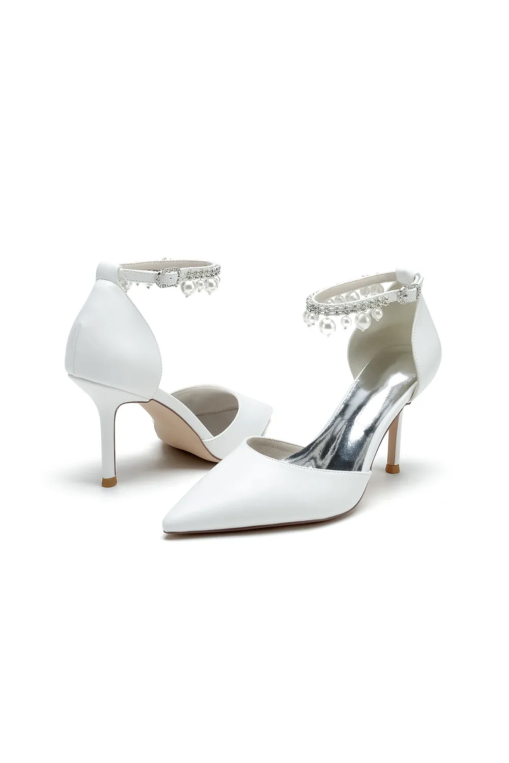 Satin Pointed Toe Pearl Beaded Ankle Strap Simple Wedding Shoes