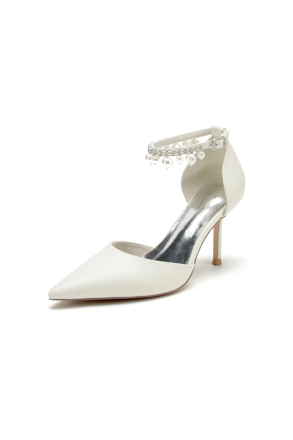 Satin Pointed Toe Pearl Beaded Ankle Strap Simple Wedding Shoes