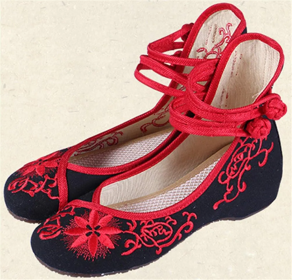 SATUKI Handmade Embroidered Shoes for Women, Chinese Style Casual Loafer Flat Floral Ballet Shoes