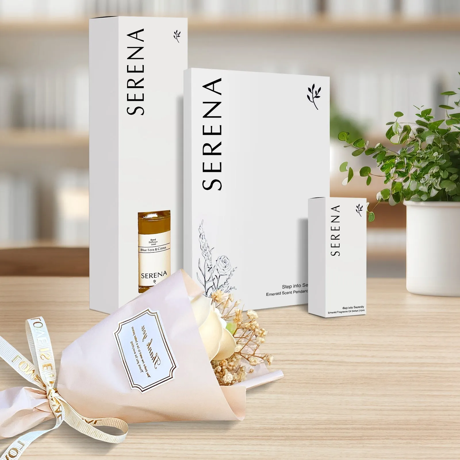 Serena Aromatherapy Gift Basket: Reed Diffuser, Soap Flower & Scented Hanging Ornament