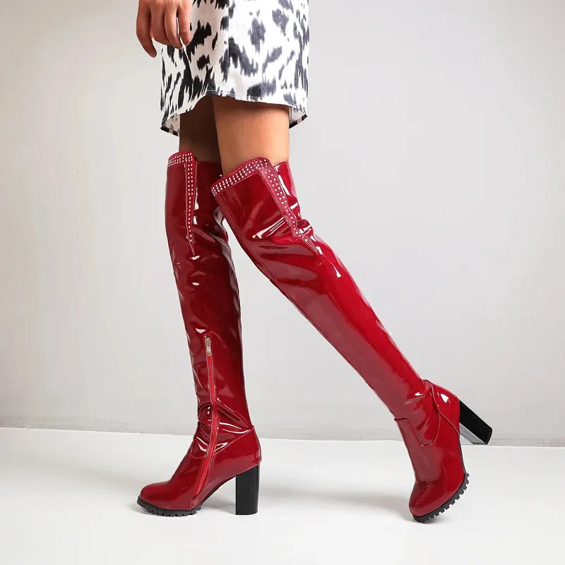 Shiny Patent Leather Square Heel Over The Knee Boots