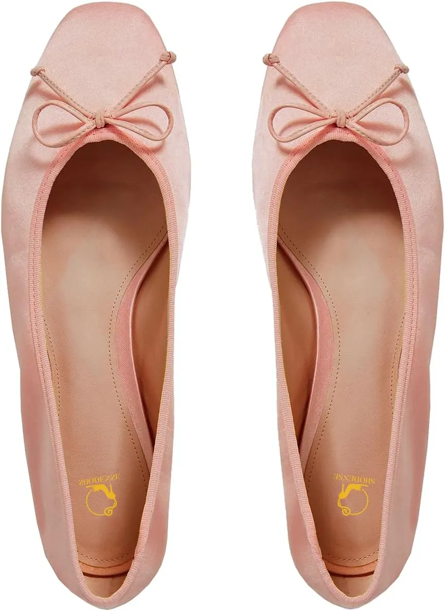 SHODENSE Women Satin Flats Shoes Bow Square Closed Toe Slip On Ballet Flats Slip On Comfortable Flat Heel Office Work Shoes Girls Driving Flats Club Church Spring Fall Dance Dress Flats 4-11 M US